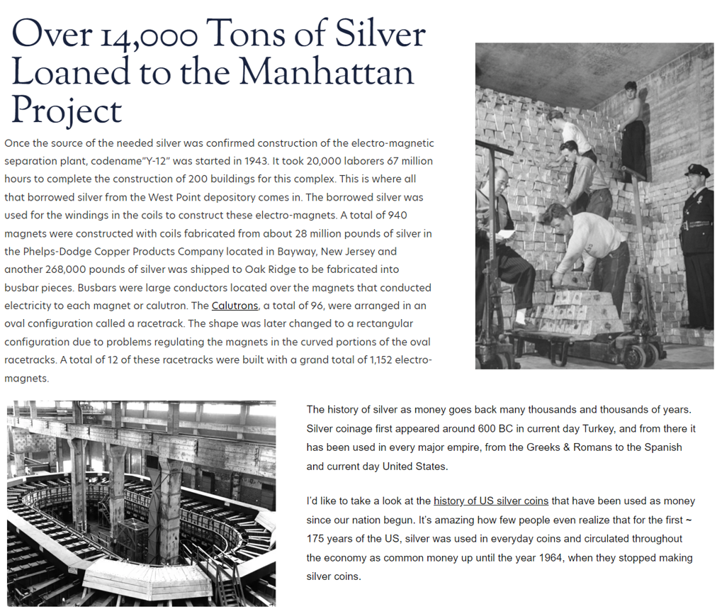 268 thousand pounds of silver were used to make the atomic bomb.  Silver was in our nations money until 1964 and specifically mentioned in our consitution